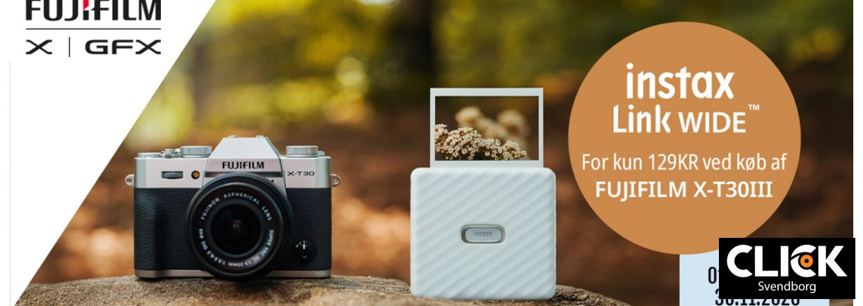 K�b FUJIFILM X-T30 II eller X-T30 III og f� en Fujifilm Instax Link Wide printer for kun 129 kr.